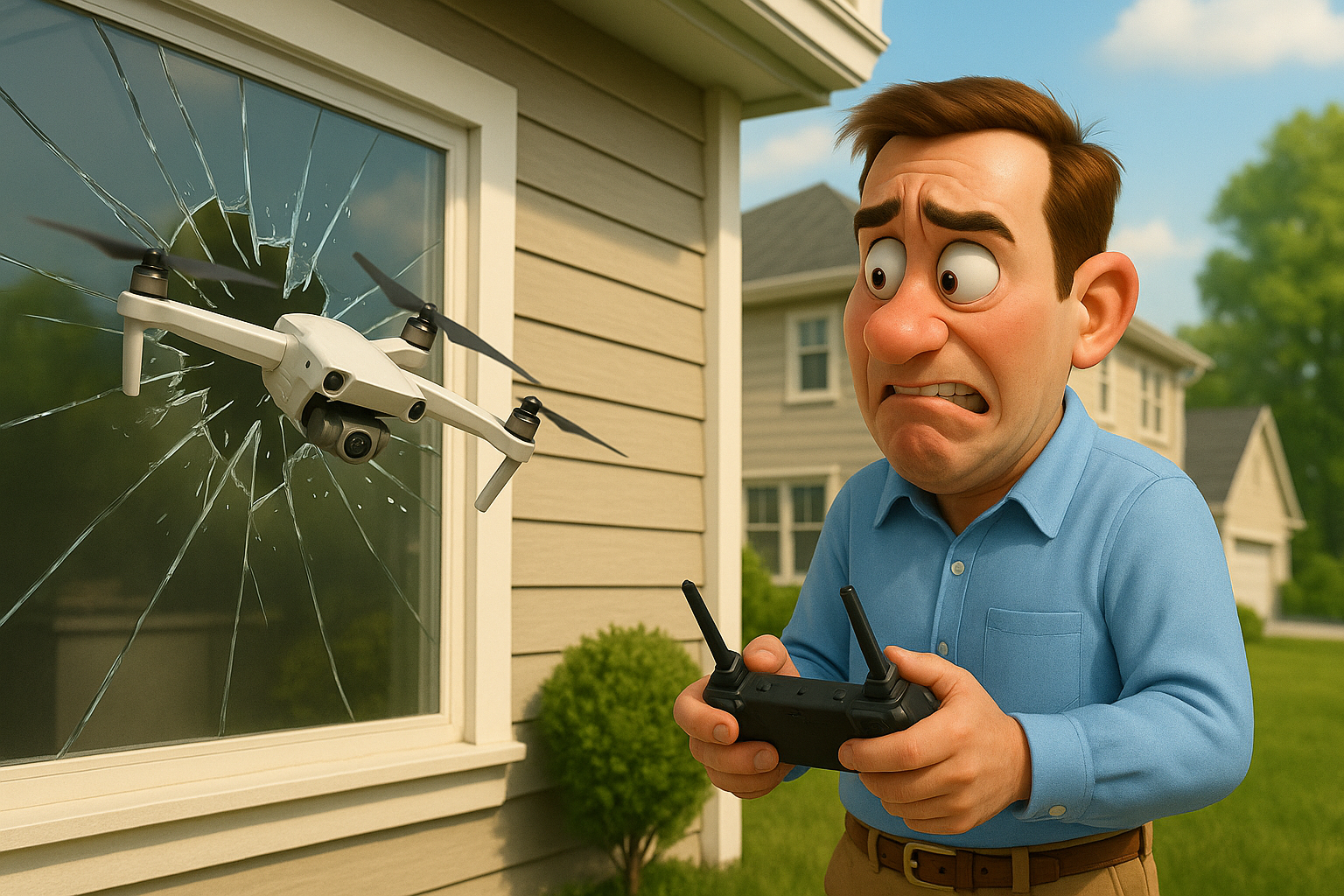 Gary Crahing a Drone Cartoon real estate agent crashes drone into neighbor’s window while flying it for listing photos, illustrating the risks of using unlicensed pilots.