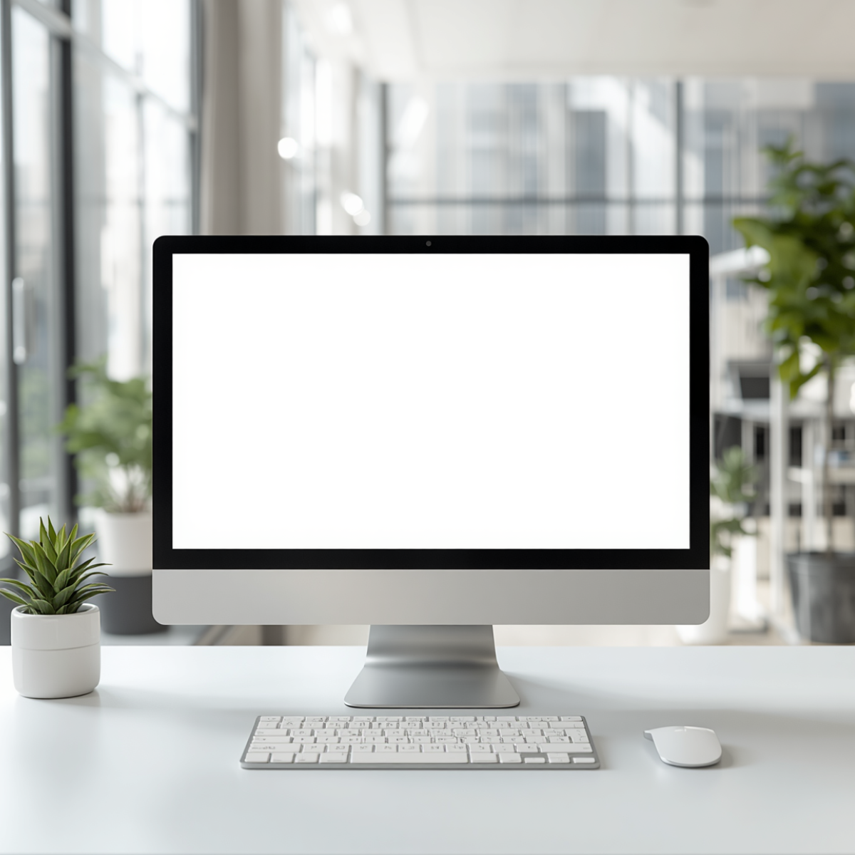 A blank white computer monitor sitting on a clean white desk in a bright modern office, with a small potted plant to the left and a blurred glass building visible in the background.