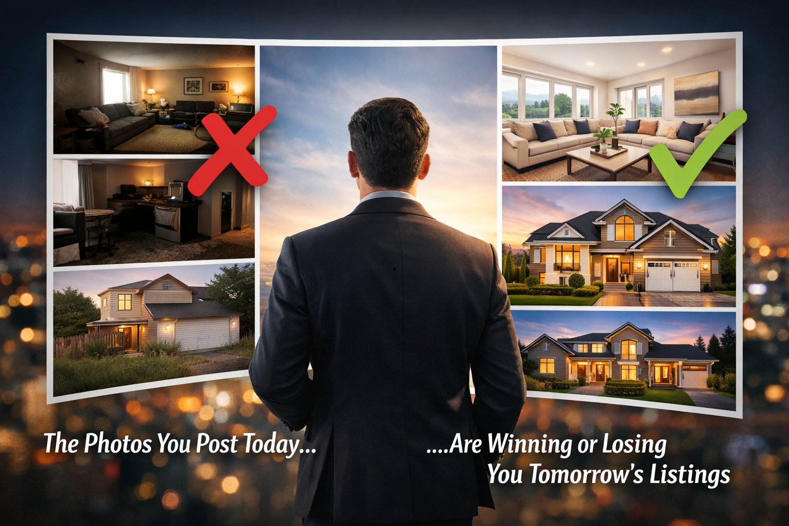 Side-by-side comparison of poor and professional real estate listing photos with an agent reviewing property images, illustrating how photo quality impacts buyer perception and future listings.